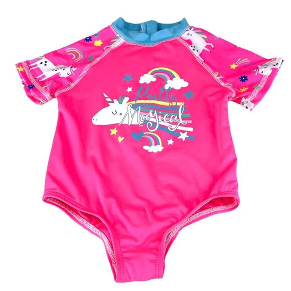Wippette Baby Girl Swimwear Unicorn One-Piece Rashguard Swimsuit Pink - Picture 3 of 12
